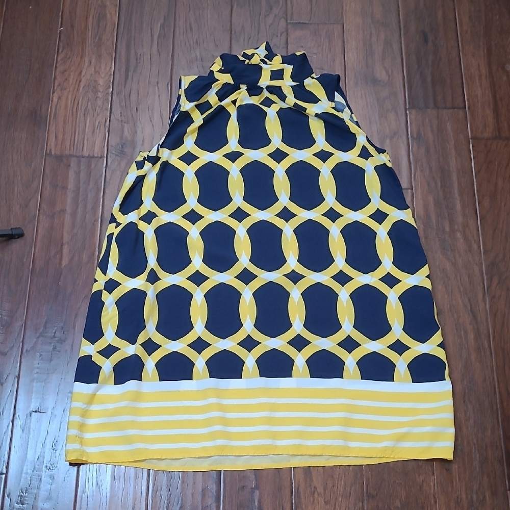 Crown & Ivy Navy Blue, Yellow & White Patterned Sleeveless Dress size Large